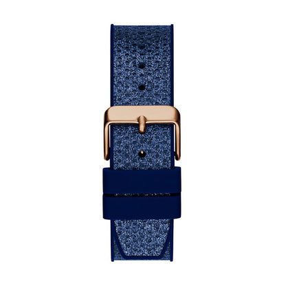 GUESS WATCHES Mod. ASTERIA strap with blue glitter texture and gold buckle.