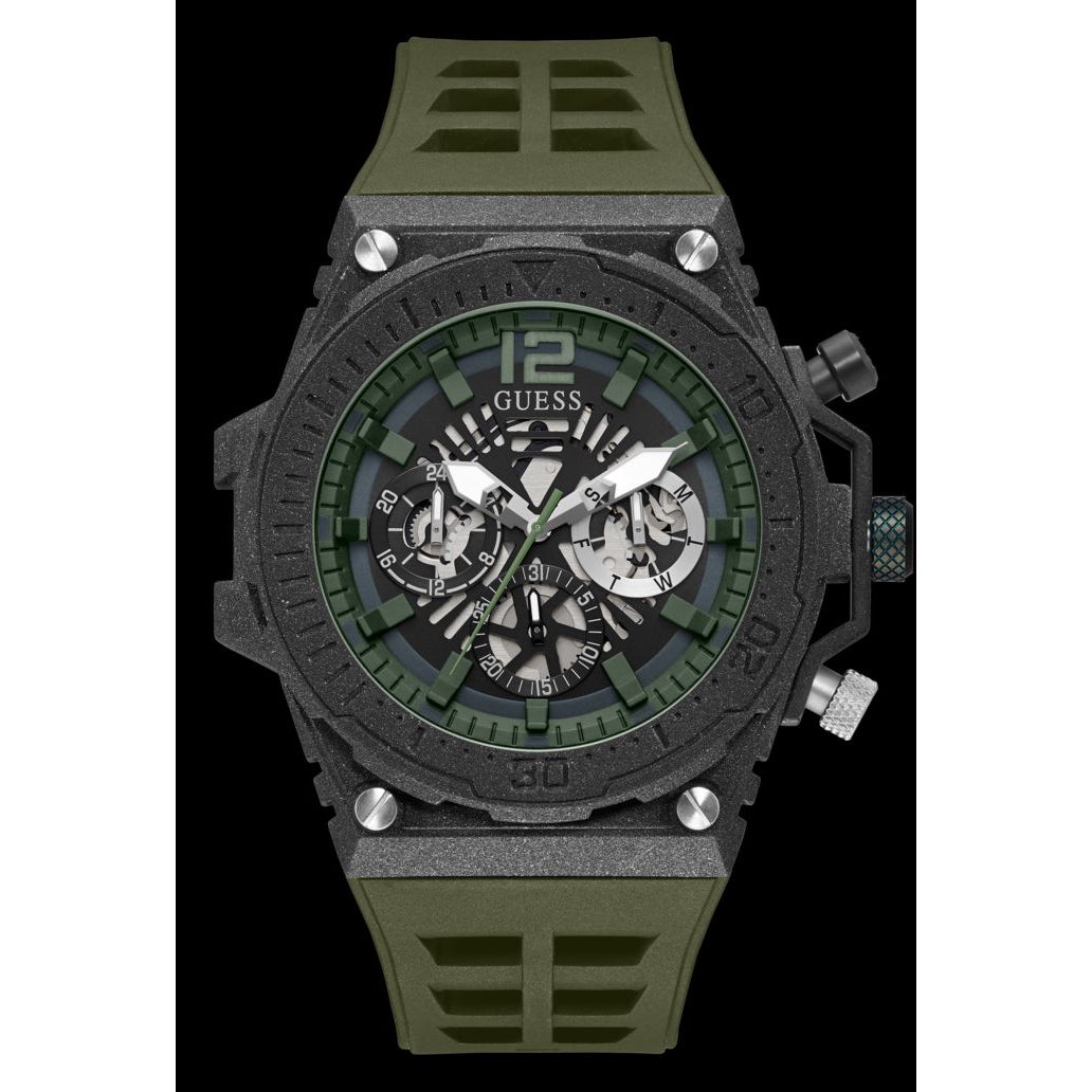 GUESS WATCHES Mod. GW0325G2 black and green men's wristwatch with multi-function dial on black background.