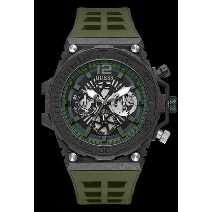 GUESS WATCHES Mod. GW0325G2 black and green men's wristwatch with multi-function dial on black background.
