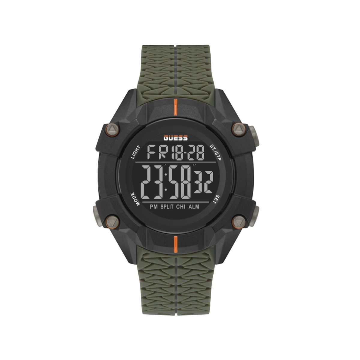 GUESS WATCHES Mod. GW0342G1 with digital display, rugged black and green design, perfect for outdoor enthusiasts.