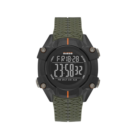 GUESS WATCHES Mod. GW0342G1 with digital display, rugged black and green design, perfect for outdoor enthusiasts.