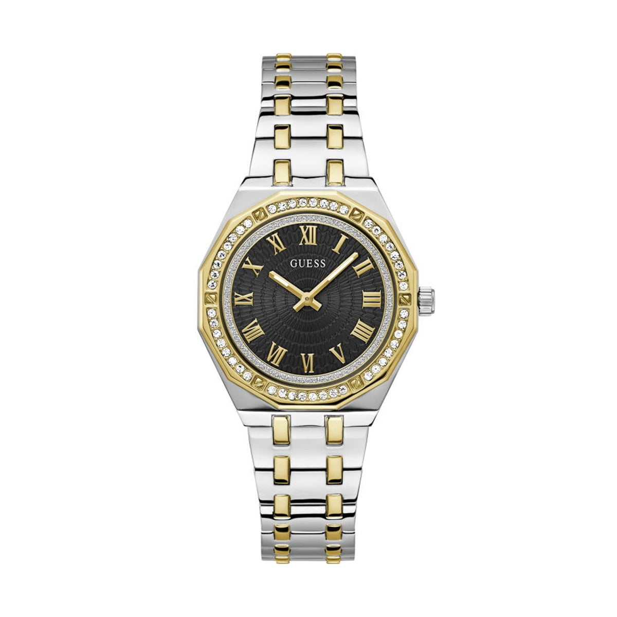 Luxury GUESS WATCHES Mod. GW0770L4 with gold and silver design, featuring Roman numerals and crystal accents.