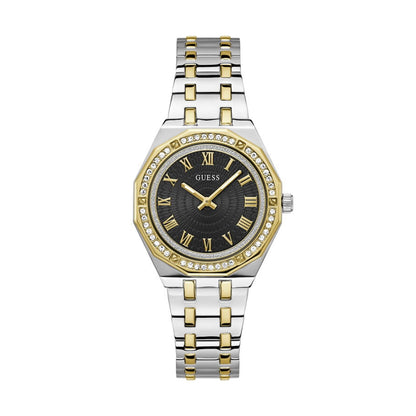 Luxury GUESS WATCHES Mod. GW0770L4 with gold and silver design, featuring Roman numerals and crystal accents.