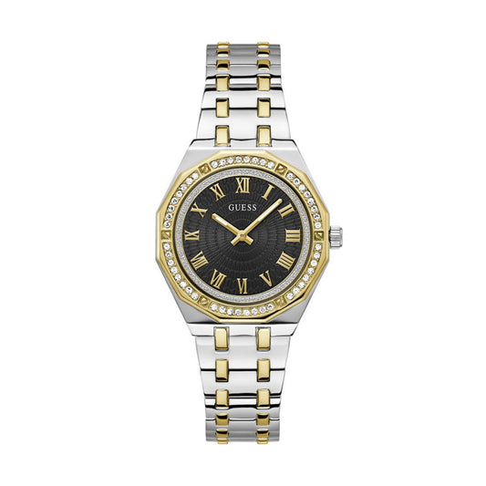 Luxury GUESS WATCHES Mod. GW0770L4 with gold and silver design, featuring Roman numerals and crystal accents.