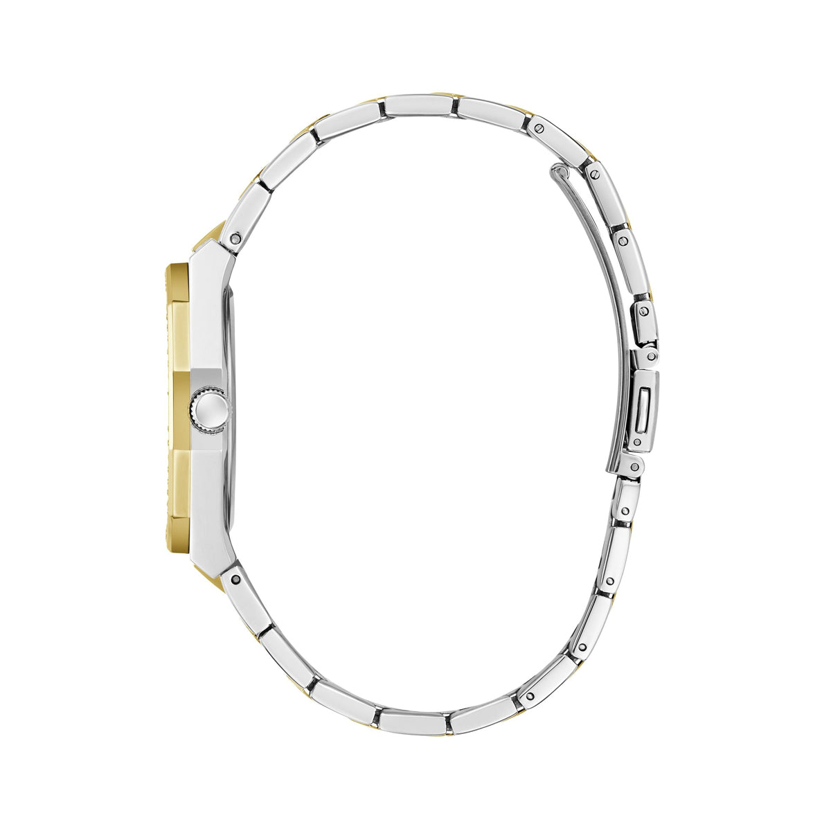 Side view of GUESS WATCHES Mod. GW0770L4 with elegant gold and silver design.