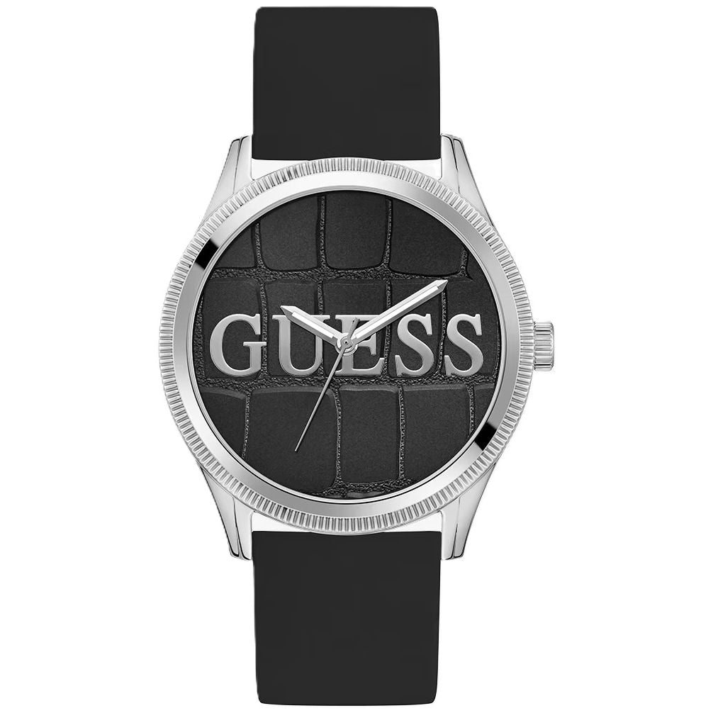 GUESS WATCHES Mod. GW0887G1 with black strap and silver bezel, featuring the GUESS logo on the dial, luxury timepiece.