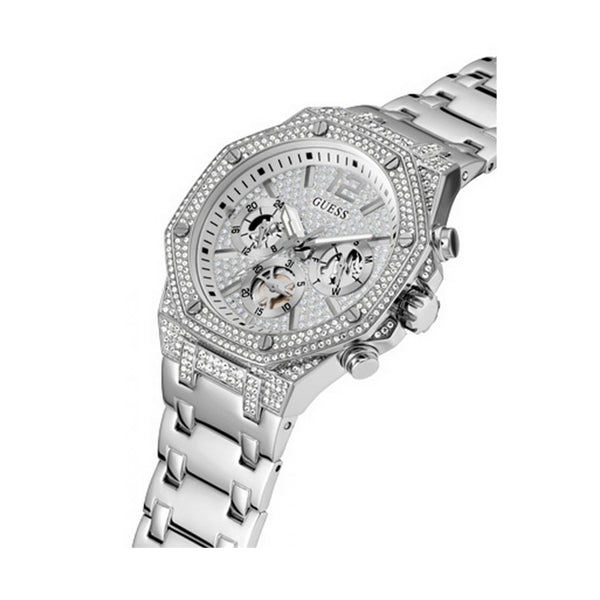 Luxury silver watch GUESS Mod. MOMENTUM displaying intricate design with diamond accents and stainless steel strap.