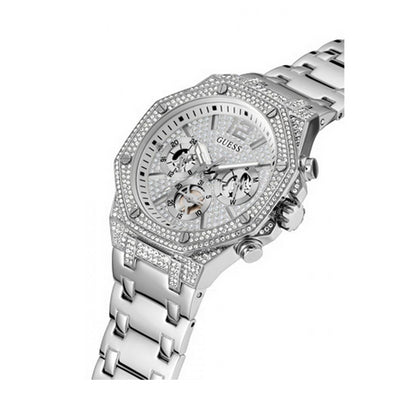 Luxury silver watch GUESS Mod. MOMENTUM displaying intricate design with diamond accents and stainless steel strap.