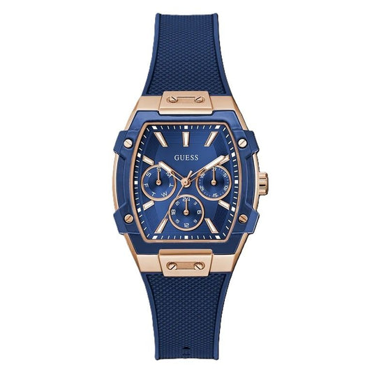 Stylish GUESS Mod. PHOENIX watch with blue and gold design, featuring a textured strap and elegant chronograph dial.