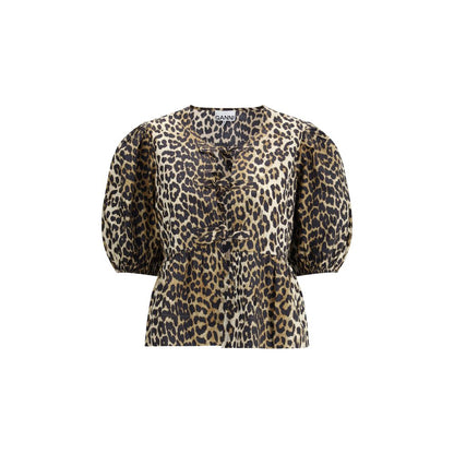 Ganni Multicolor Cotton Pattern Shirt with leopard print, puffed sleeves, open neckline, and peplum hem for a bold AW25 look.
