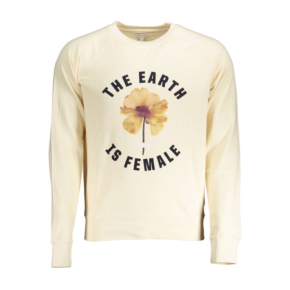 Beige sweatshirt with 'The Earth is Female' text and floral design, showcasing casual style and environmental message.