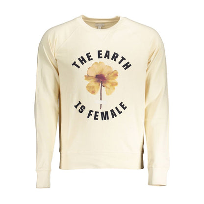 Beige sweatshirt with 'The Earth is Female' text and floral design, showcasing casual style and environmental message.