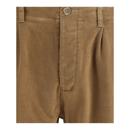 Close-up of Germano Brown Cotton Pants showcasing zip-and-button front closure and casual style for AW25 season.