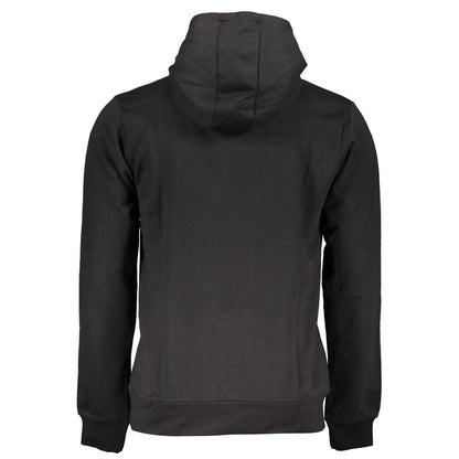 Gianmarco Venturi Black Cotton Sweatshirt with hood, long sleeves, central pocket, brushed design, and logo print. Back view.