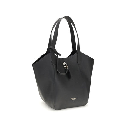 Giorgio Armani Black Calf Leather Bos Taurus Handbag with suede finish, geometric bottom, metal ring, and removable clutch.