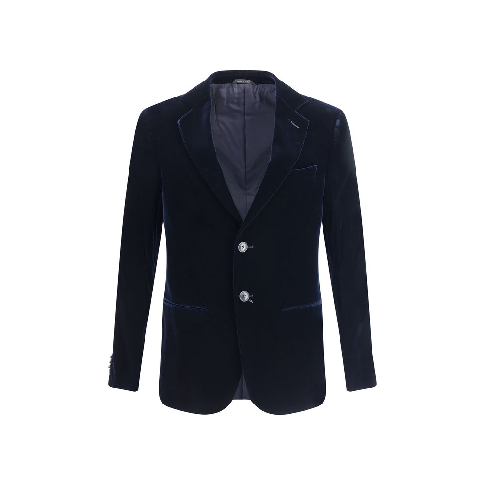 Giorgio Armani Black Viscose Blazer with peak lapels, two-button closure, and welt pockets for a timeless, elegant look.