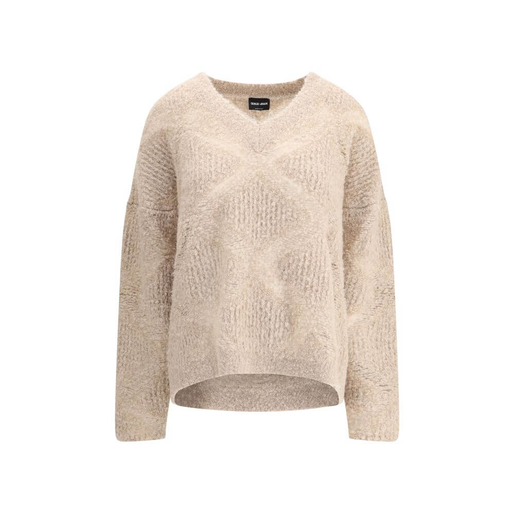 Giorgio Armani Cream Cashmere Cashmere Sweater with V-neck design and delicate sheer effect; luxurious cashmere and alpaca blend.