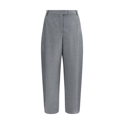 Giorgio Armani Gray Silk Casual Pants with flannel texture, featuring belt loops, side pockets, and a tapered hem for elegant comfort.