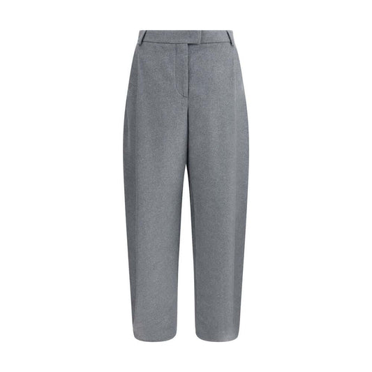 Giorgio Armani Gray Silk Casual Pants with flannel texture, featuring belt loops, side pockets, and a tapered hem for elegant comfort.