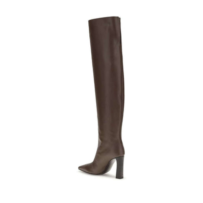 Giuseppe Zanotti Brown Leather Over The Knee boots with almond toe and squared heel, soft leather, elegant and contemporary AW25 design.