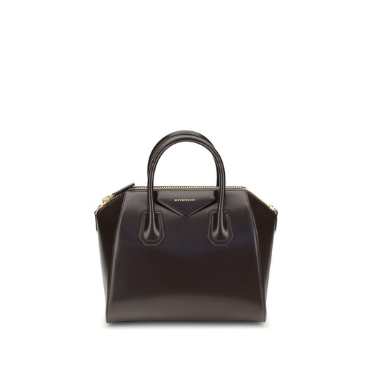 Givenchy Brown Calf Leather Bos Taurus Handbag with glossy finish and logo, featuring handles and shoulder strap, AW25 collection.