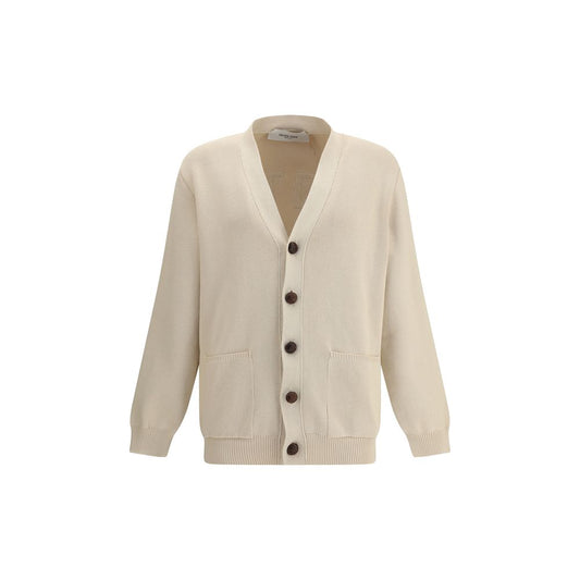 Golden Goose Cream Cotton Cardigan with front buttons and patch pockets, AW25 collection, sustainable fashion with ribbed cuffs and hem.