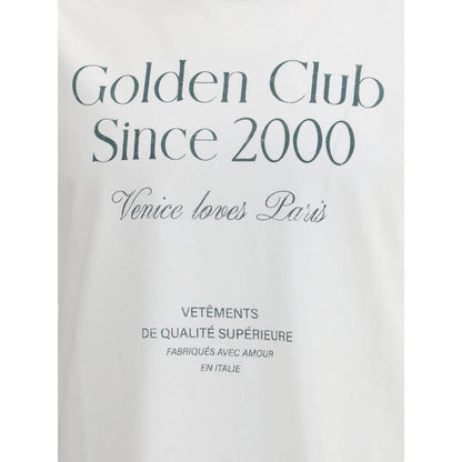 Golden Goose White Cotton T-Shirt with ribbed crew neck and monogram lettering on the front, showcasing contemporary casual style.