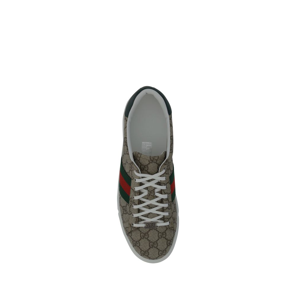 Top view of Gucci Beige Rubber Low Top Sneakers with lace-up closure and iconic GG jacquard fabric