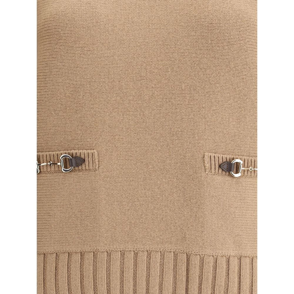 Gucci Beige Wool Sweatshirt with gold-tone faux welt pockets, ribbed hem, and cashmere blend for AW25 collection.