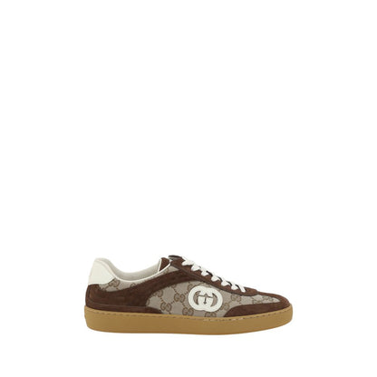 Gucci Brown Calf Leather Bos Taurus Low Top Sneakers with suede details and GG logo.