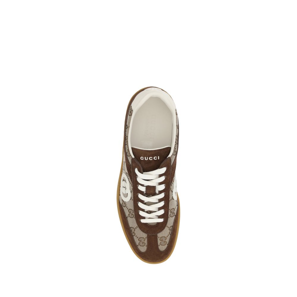 Top view of Gucci Brown Calf Leather Bos Taurus Low Top Sneakers with GG fabric and suede details.