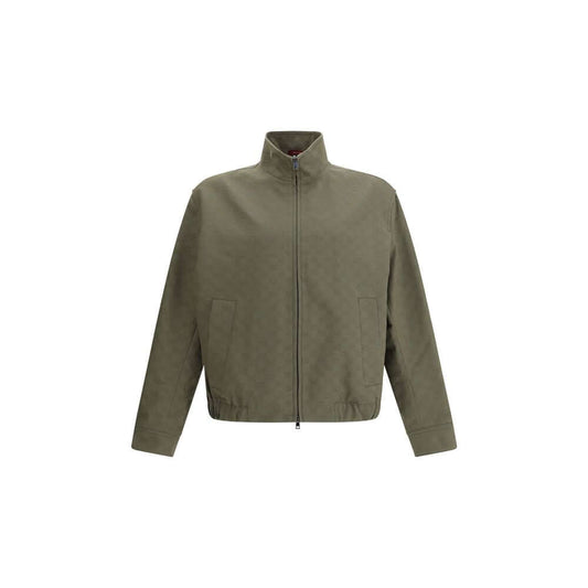 Gucci Green Cotton Bomber featuring GG Supreme design with high collar, zipper closure, side pockets, ribbed hem, AW25 collection.