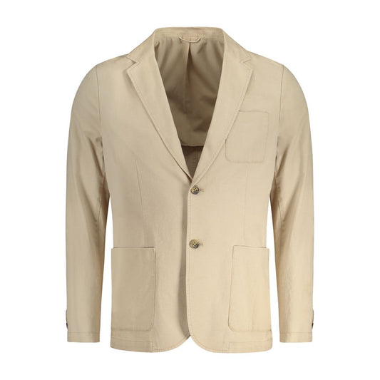 Guess Jeans Beige Cotton Men Jacket with pockets, long sleeves, and tailored fit