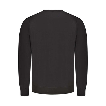 Back view of Guess Jeans Black Wool Sweater with long sleeves and crew neck, featuring a subtle logo design.