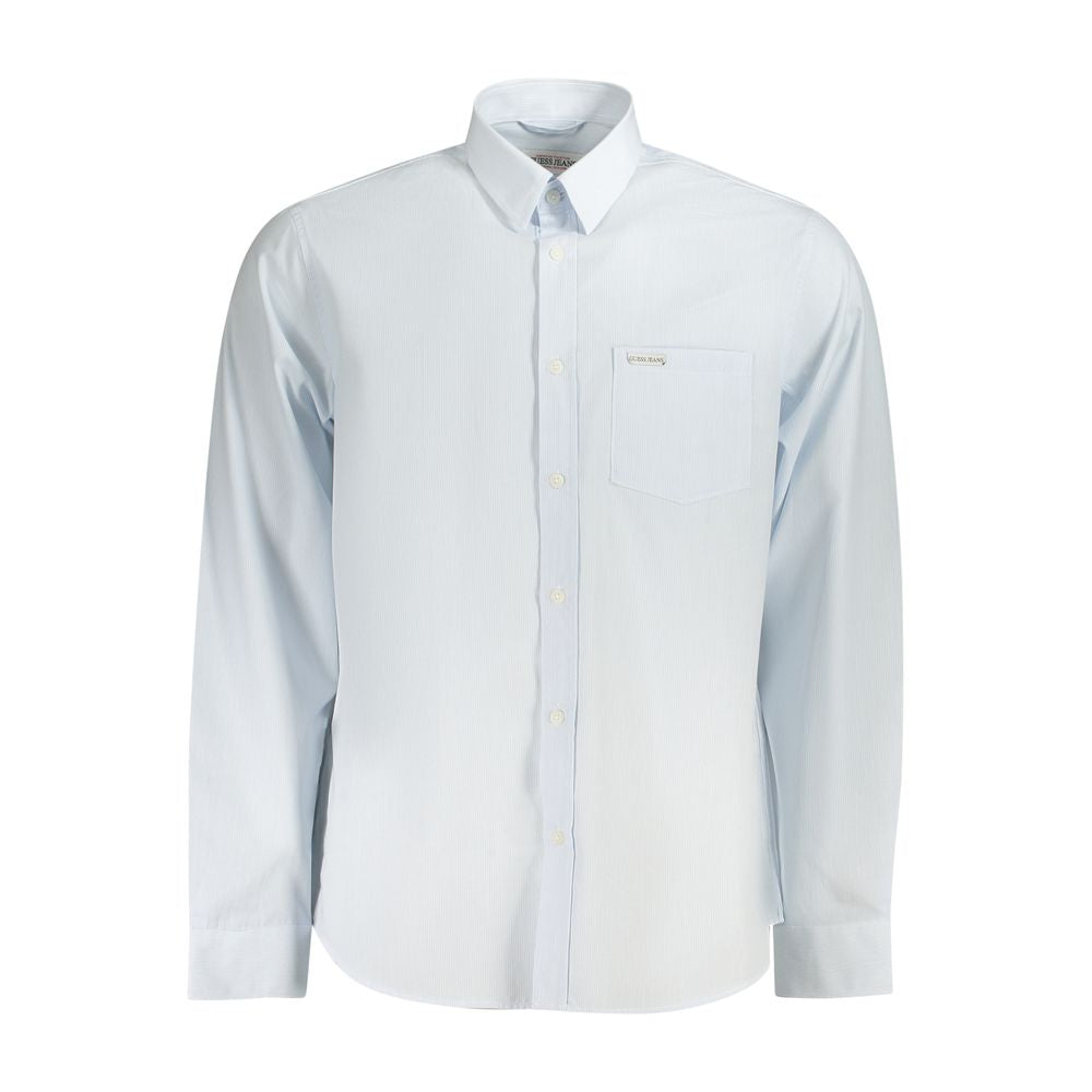 Guess Jeans Light Blue Cotton Men Shirt with Italian collar, long sleeves, classic fit, featuring 1-button cuffs and pocket detail.
