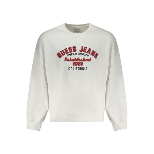 Guess Jeans White Cotton Men Sweater with red embroidered logo, oversized modern fit, and bold style statement.