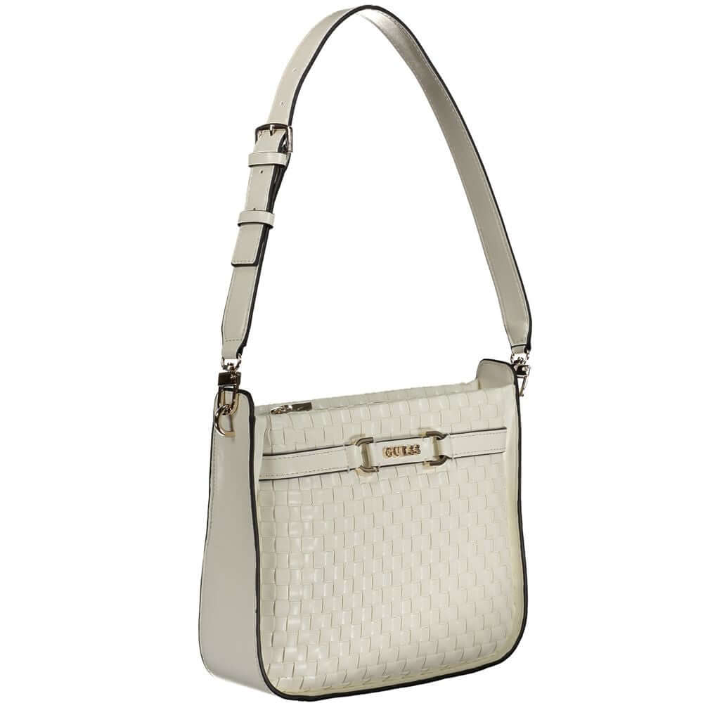 Guess Jeans White Polyethylene Handbag with adjustable strap, internal pocket, and zip closure.