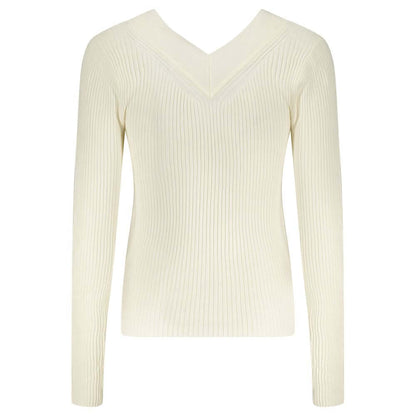 Guess Jeans White Viscose Sweater with V-neck and contrasting logo details.
