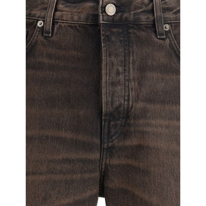 Haikure Brown Cotton Relaxed Fit Jeans with button closure and adjustable side straps, featuring a classic five-pocket design for AW25 season.