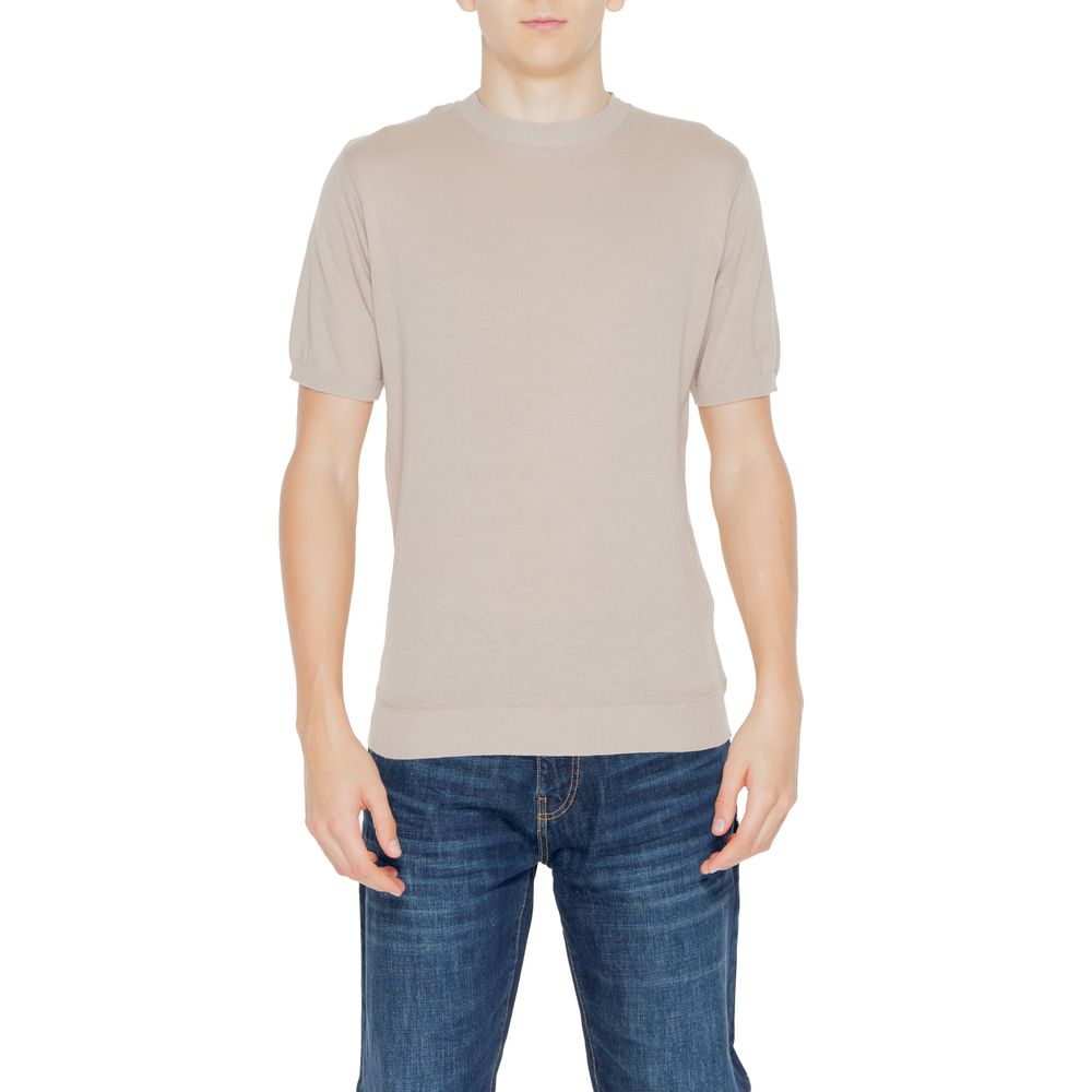 Hamaki-Ho Beige Cotton Sweater short-sleeve, crew neck, model ME3078H for men's casual and summer style.