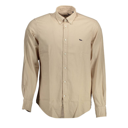 Harmont & Blaine Beige Cotton Men Shirt with button-down collar and long sleeves, showcasing classic style and sophistication.
