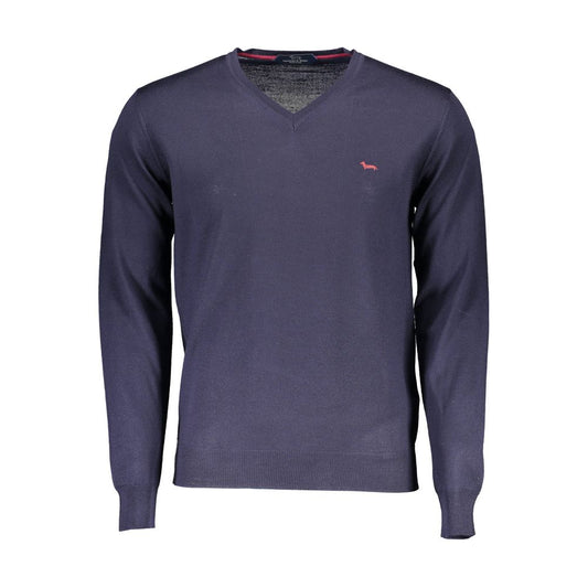 Harmont & Blaine Blue Wool Men Sweater with V-neck and long sleeves, showcasing the brand's iconic logo, crafted in Italy.