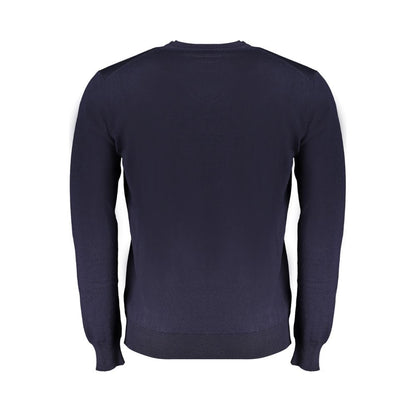 Back view of Harmont & Blaine Blue Wool Sweater, long-sleeved, crew neck, with logo embroidery, perfect for casual wear.