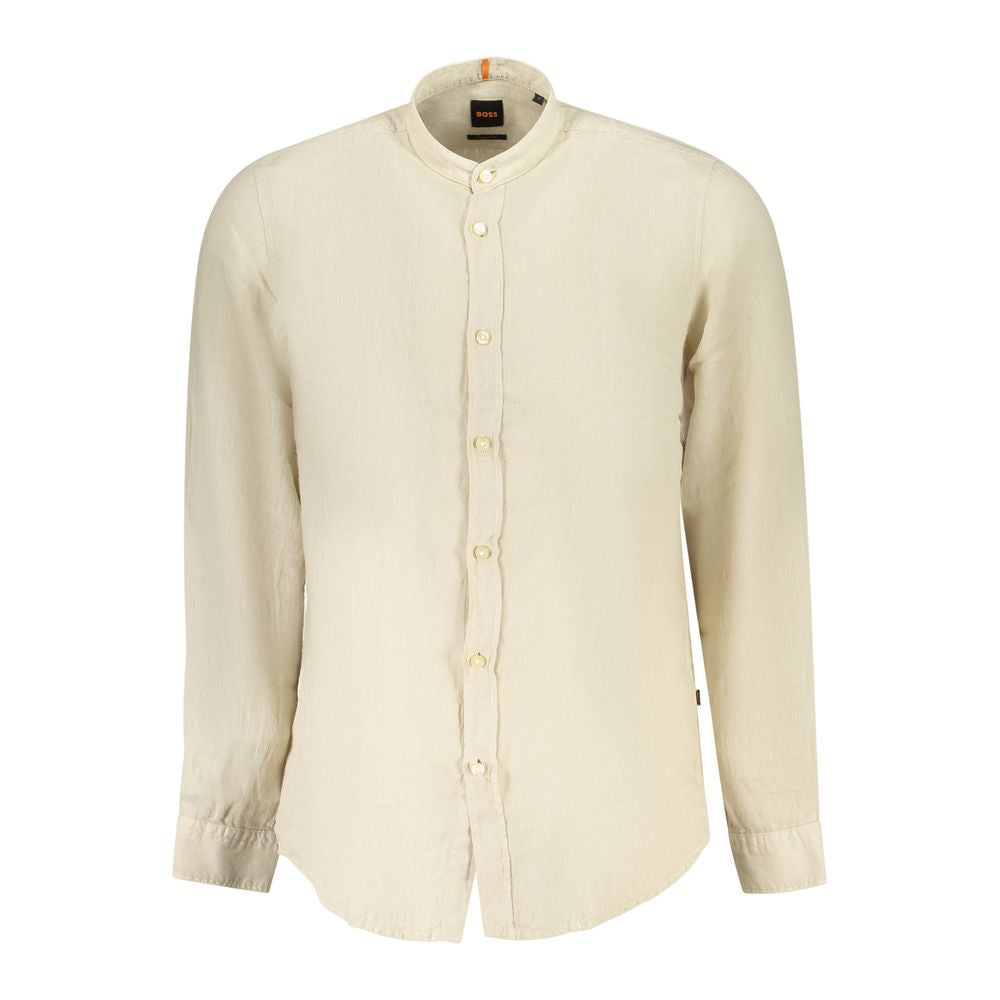 Hugo Boss Beige Linen Men Shirt with mandarin collar and 1-button cuffs, showcasing elegant design and sophisticated style.