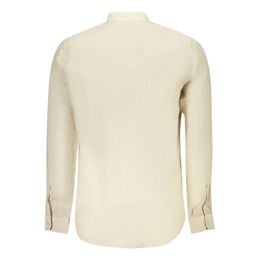Back view of Hugo Boss Beige Linen Men Shirt, showcasing long sleeves and mandarin collar for a sophisticated look.