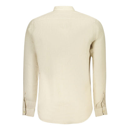 Back view of Hugo Boss Beige Linen Men Shirt, showcasing long sleeves and mandarin collar for a sophisticated look.