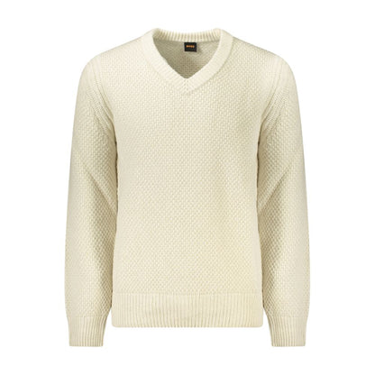 Hugo Boss Beige Wool Men Sweater with V-neck design, featuring a modern edge and iconic logo, perfect for a style-conscious look.