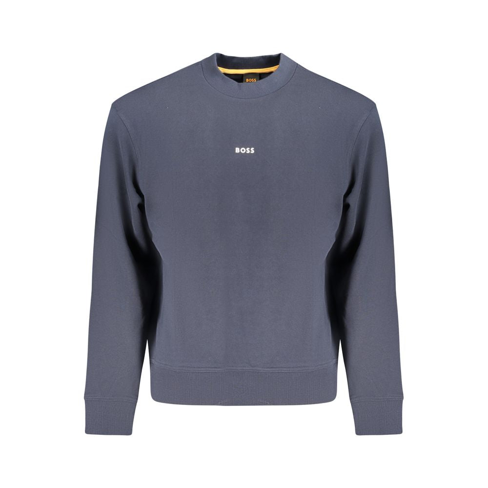 Hugo Boss Blue Cotton Men Sweater with long sleeves and iconic logo; designer luxury and comfort in high-quality cotton, perfect for cooler days.