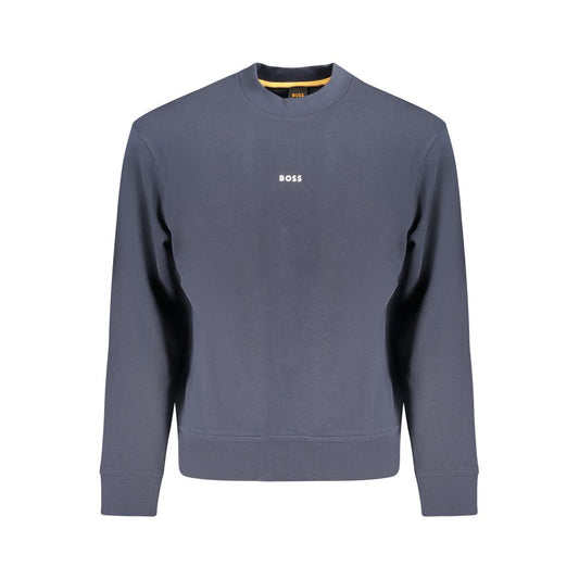 Hugo Boss Blue Cotton Men Sweater with long sleeves and iconic logo; designer luxury and comfort in high-quality cotton, perfect for cooler days.