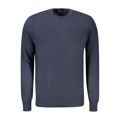 Hugo Boss Blue Cotton Sweater, long-sleeved crew neck with logo embroidery